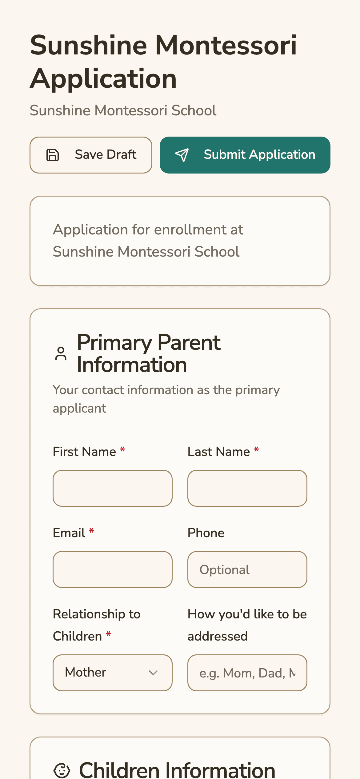 A school's online application form on a phone
