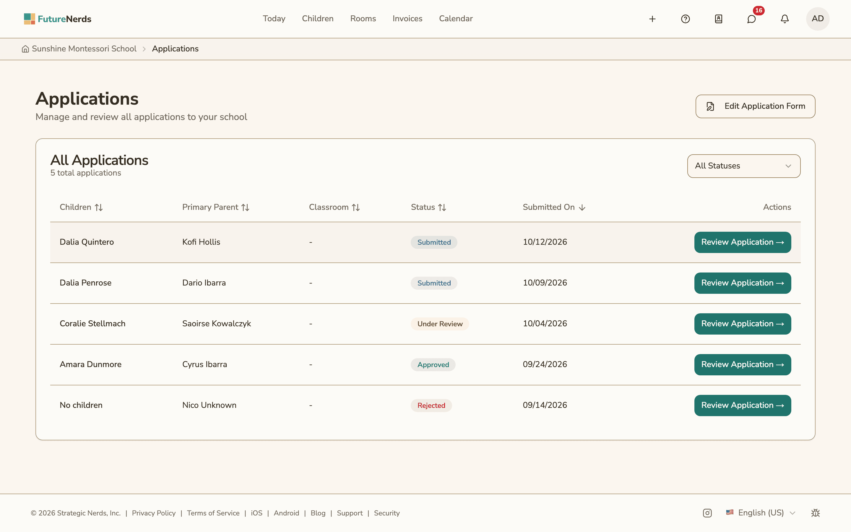 The Applications page, listing each applicant with status badges for Submitted, Under Review, Approved and Rejected
