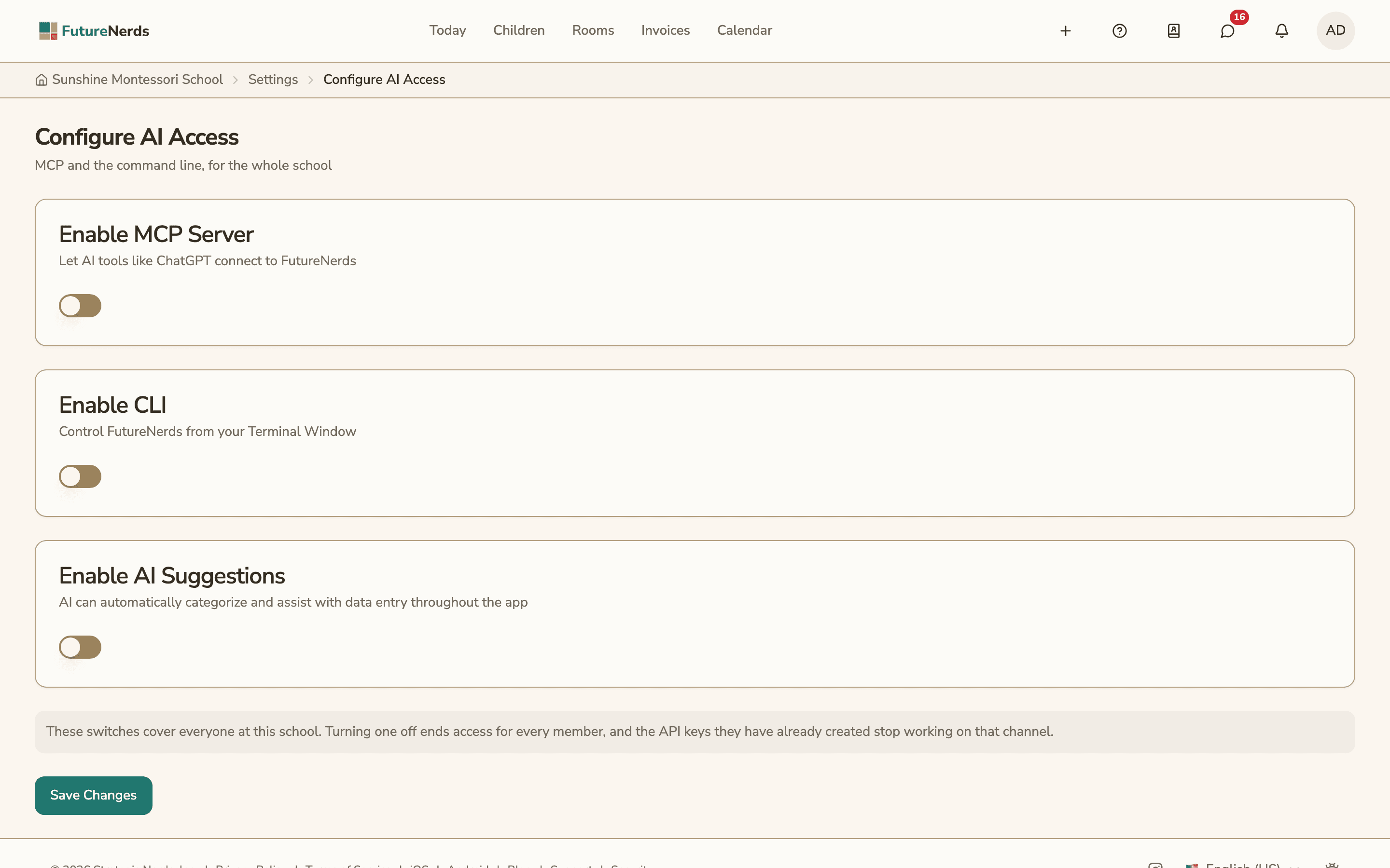 The Configure AI Access settings, with switches for Enable MCP Server, Enable CLI and Enable AI Suggestions