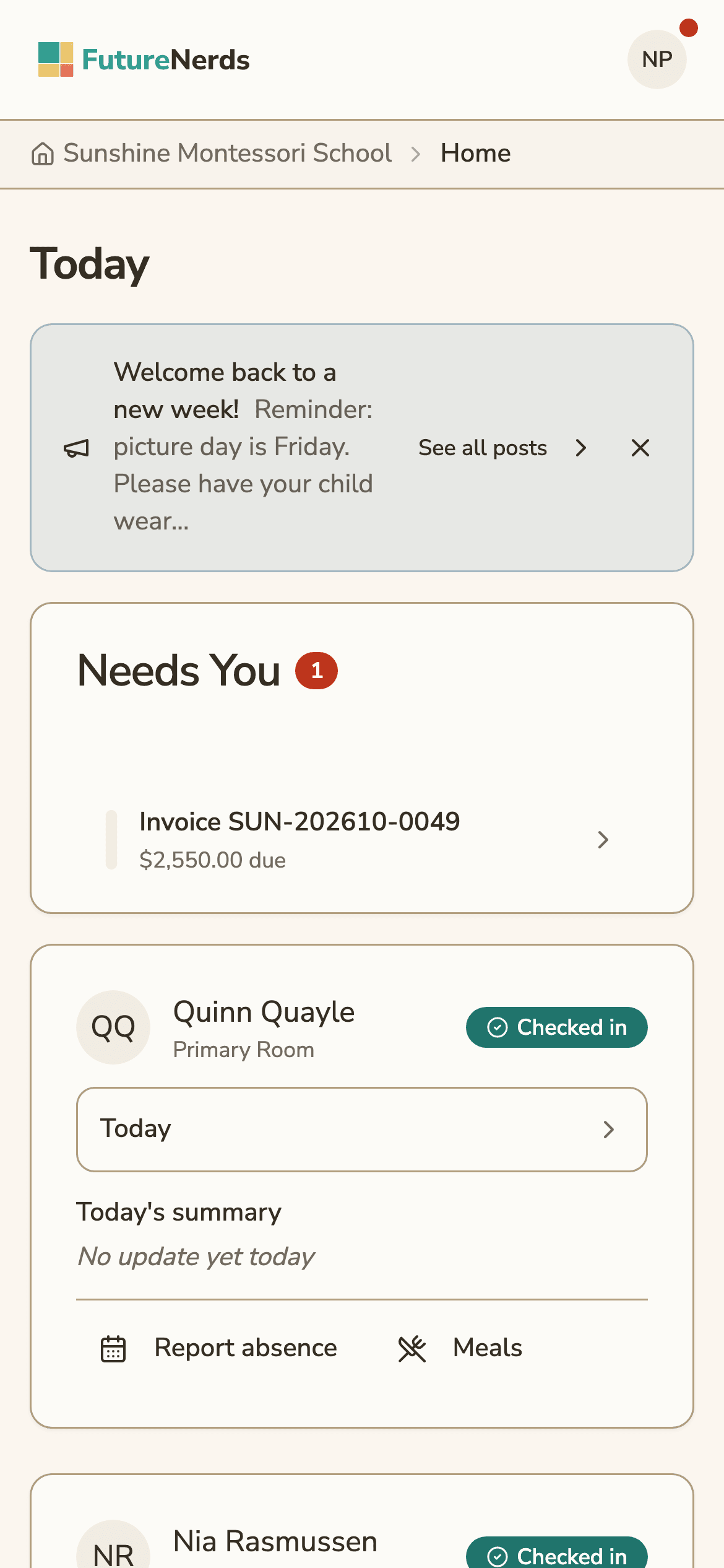 A parent's Today screen on a phone, with the child checked in and a Report absence button
