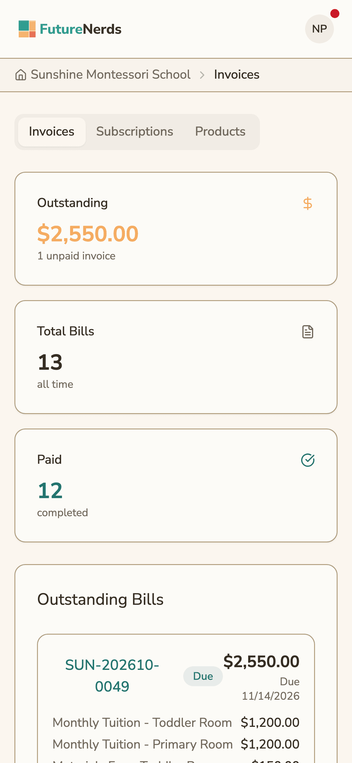 A parent's invoices on a phone, with the amount outstanding and an itemized bill