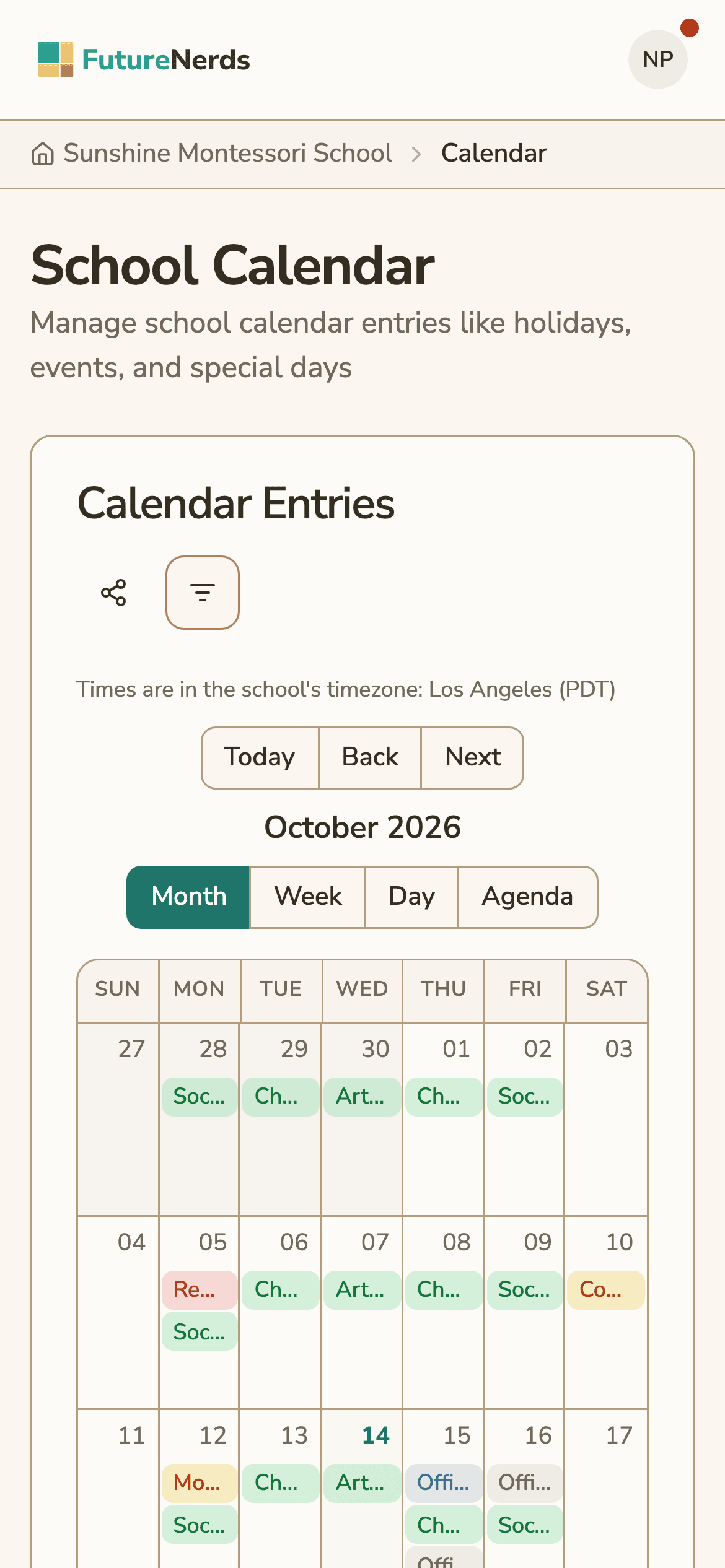 The school calendar on a parent's phone