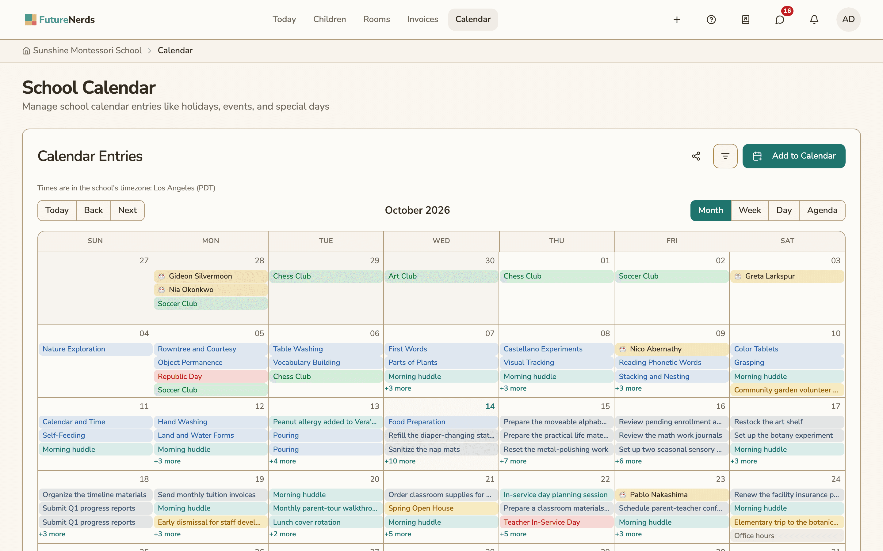 The school calendar in Month view, with club meetings, closures, staff meetings and events color coded
