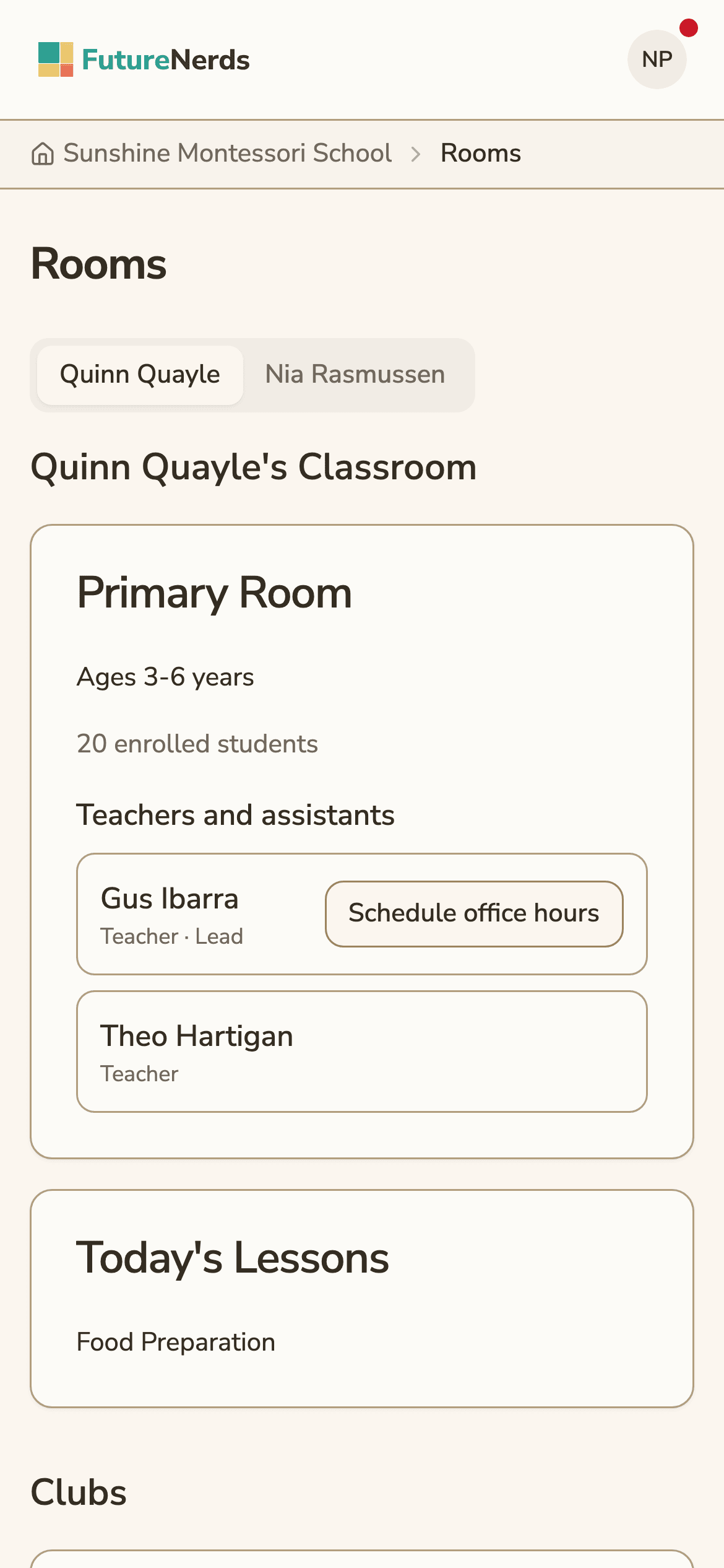 A parent's Rooms screen on a phone, with the child's classroom, teachers and today's lessons