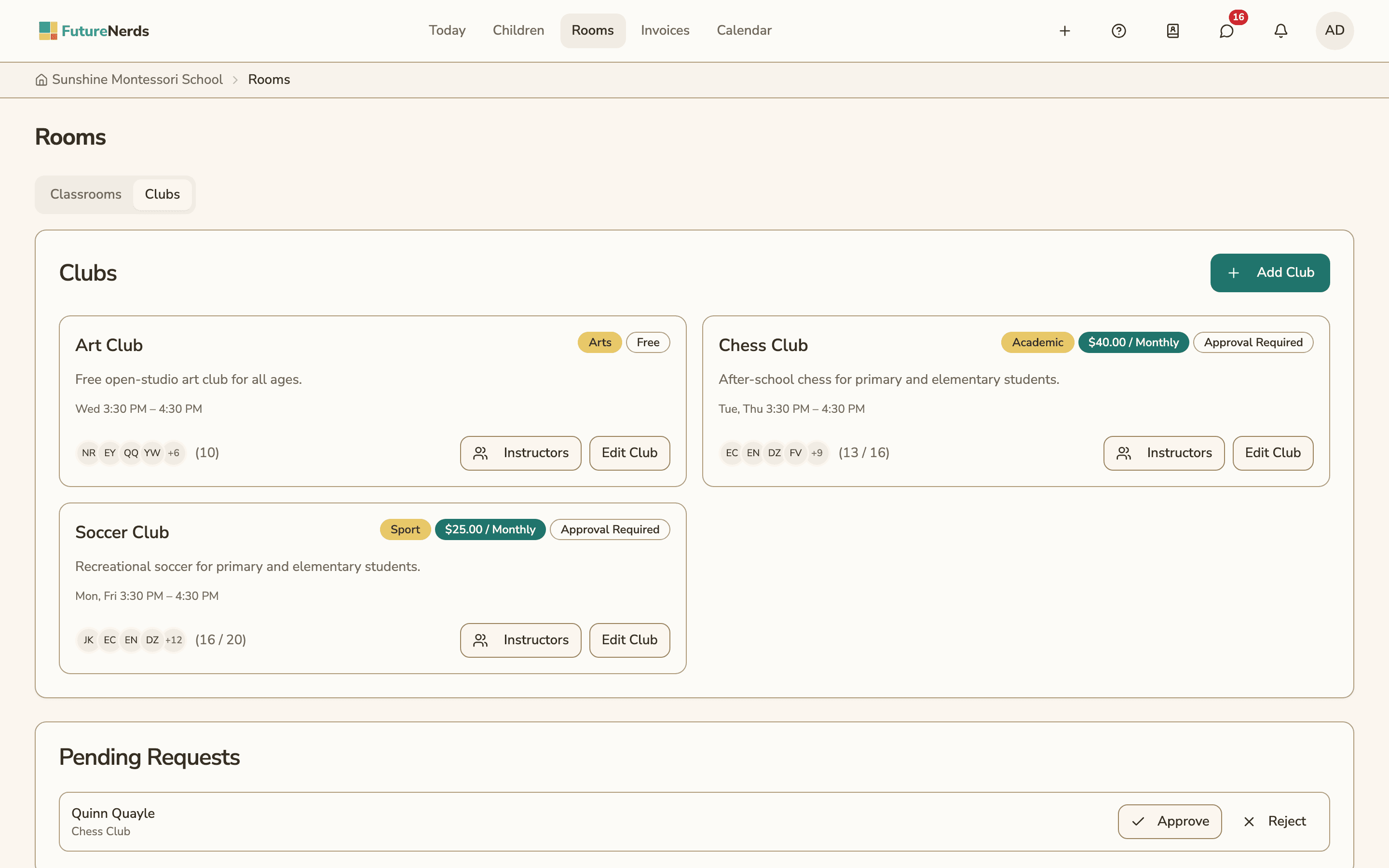 The Clubs tab, with Art Club, Chess Club and Soccer Club cards showing fee, schedule, members and a pending join request