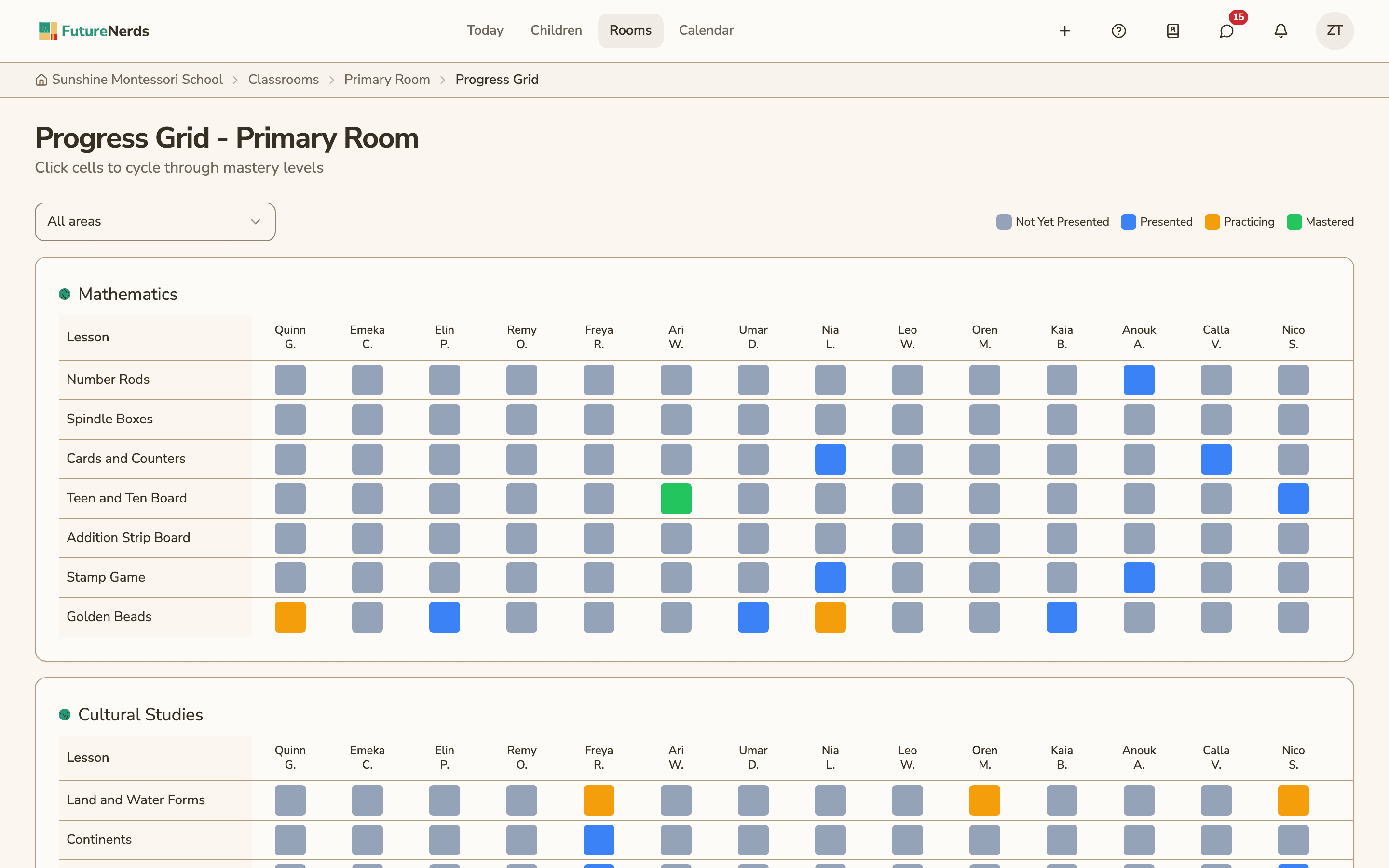 The Progress Grid for a Primary Room, with lessons such as Number Rods and Golden Beads down the side and each child's mastery level in a colored cell