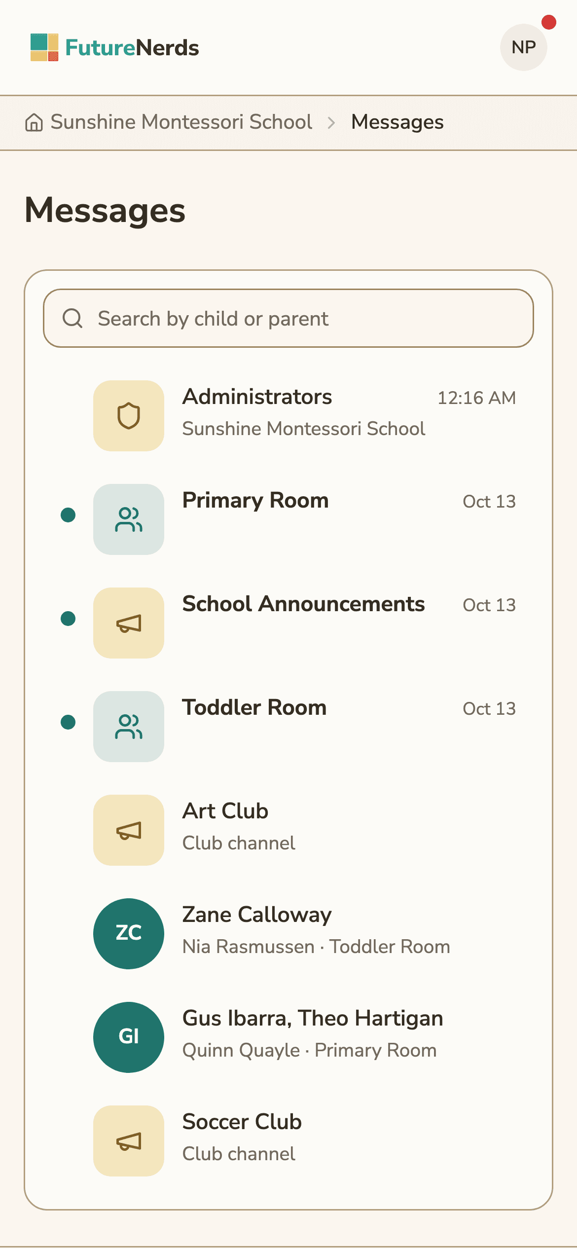A parent's messages on a phone, with classroom boards, school announcements and teacher conversations