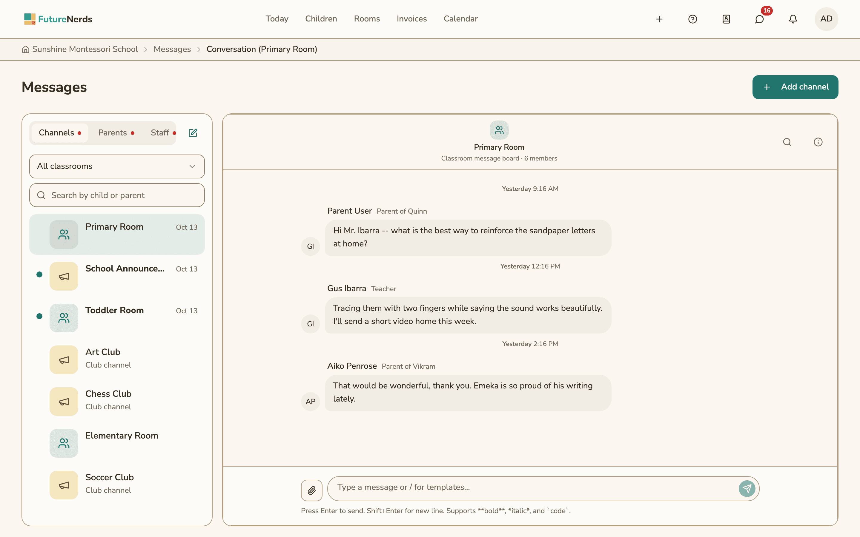 The Messages page with the Primary Room board open, showing a parent's question and the teacher's reply