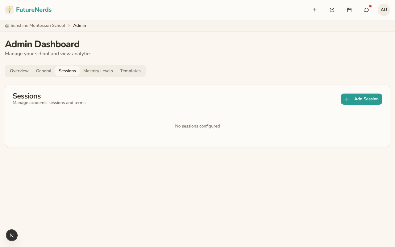 Sessions tab on admin page