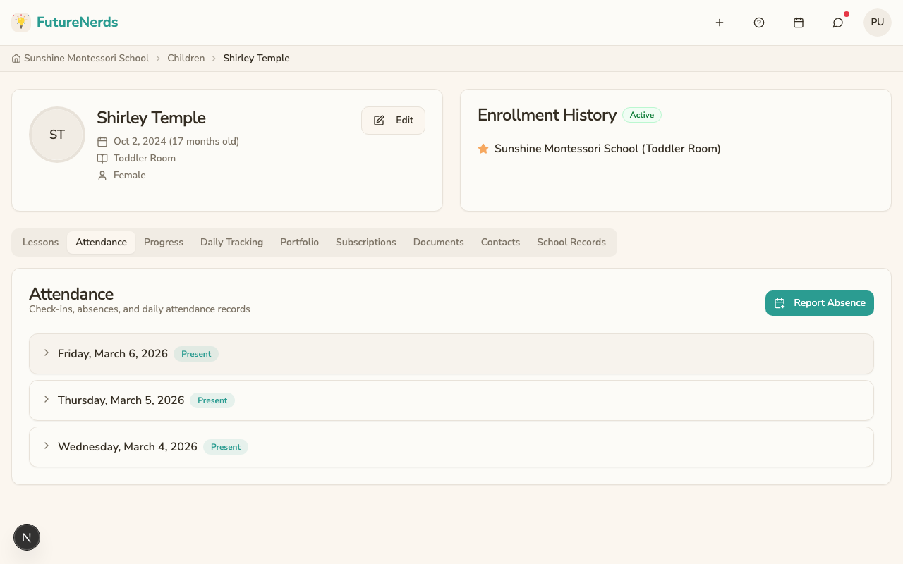Attendance tab with report absence button