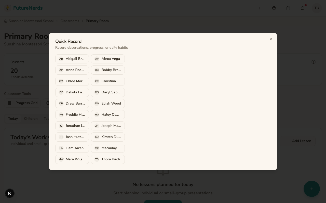 Quick Record dialog with child selector and recording sections