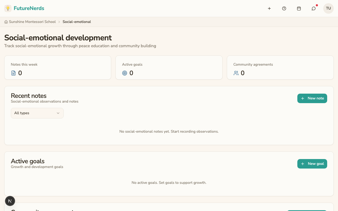 Social-emotional page with notes, goals, and agreements