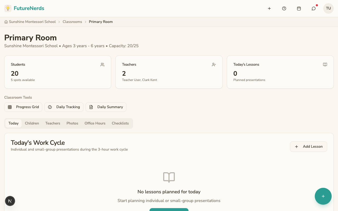 Classroom Today tab with planned lessons